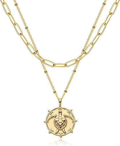 Layered Heart Necklace Pendant Handmade 18K Gold Plated Dainty Gold Choker Arrow Bar Layering Long Necklace for Women Layer Turtle