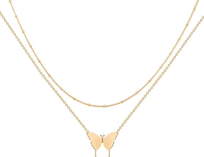 Layered Heart Necklace Pendant Handmade 18K Gold Plated Dainty Gold Choker Arrow Bar Layering Long Necklace for Women Layered Butterfly GD