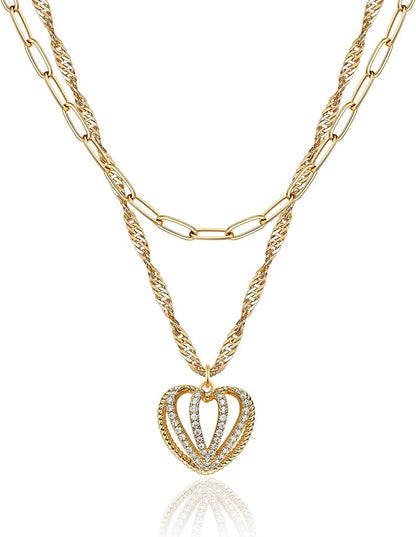 Layered Heart Necklace Pendant Handmade 18K Gold Plated Dainty Gold Choker Arrow Bar Layering Long Necklace for Women Heart CZ