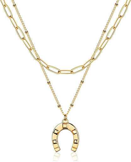 Layered Heart Necklace Pendant Handmade 18K Gold Plated Dainty Gold Choker Arrow Bar Layering Long Necklace for Women Layer Horseshoe