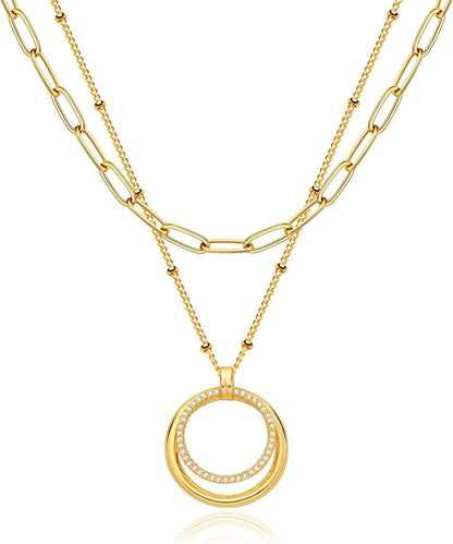 Layered Heart Necklace Pendant Handmade 18K Gold Plated Dainty Gold Choker Arrow Bar Layering Long Necklace for Women Layer Double Circle