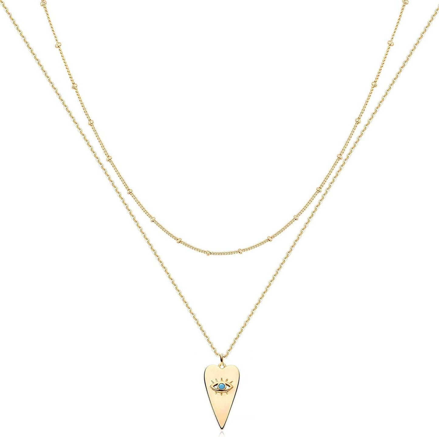 Layered Heart Necklace Pendant Handmade 18K Gold Plated Dainty Gold Choker Arrow Bar Layering Long Necklace for Women Heart evil eye