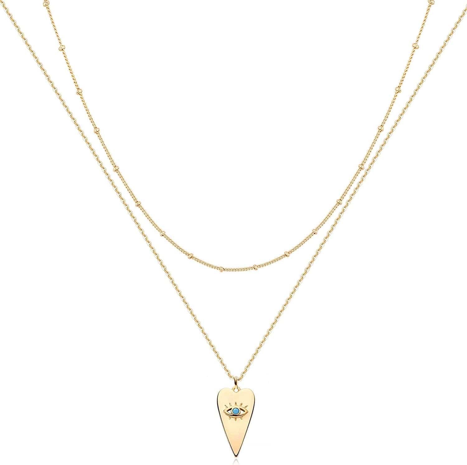 Layered Heart Necklace Pendant Handmade 18K Gold Plated Dainty Gold Choker Arrow Bar Layering Long Necklace for Women Heart evil eye