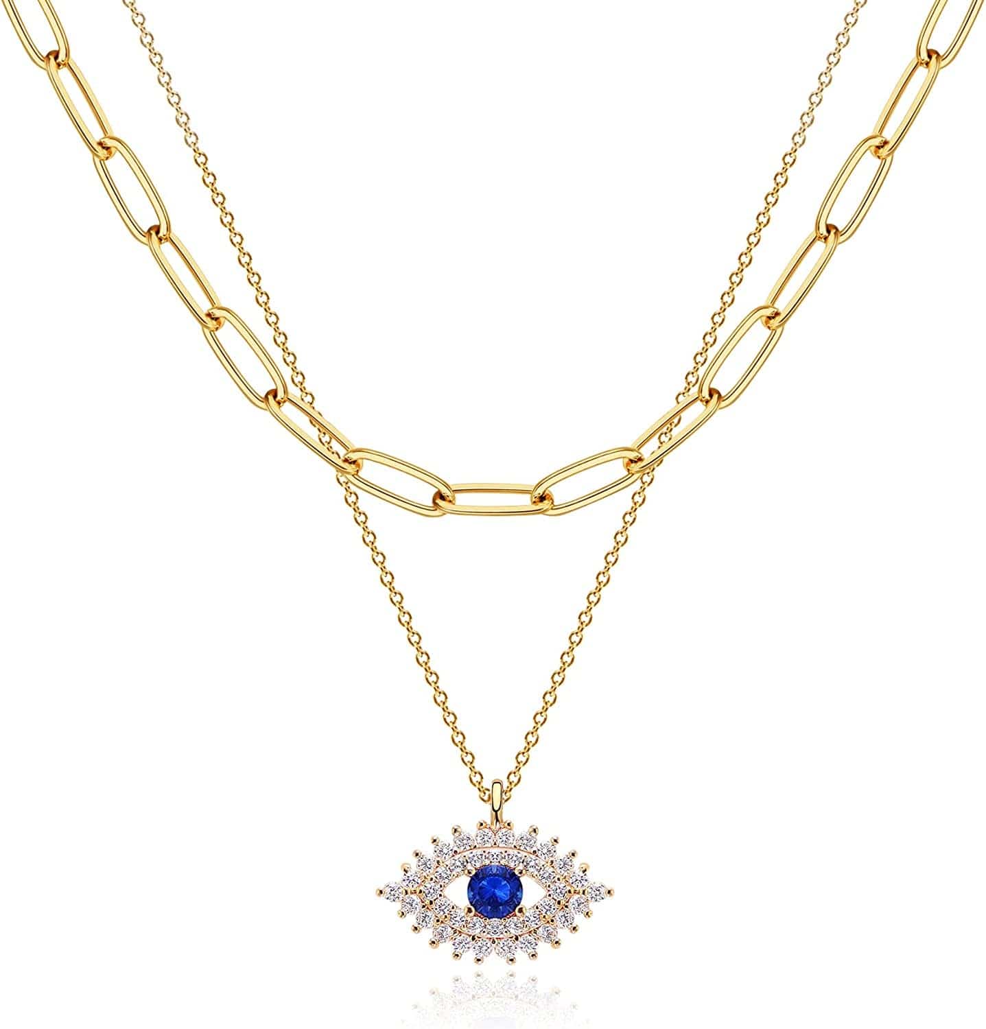 Layered Heart Necklace Pendant Handmade 18K Gold Plated Dainty Gold Choker Arrow Bar Layering Long Necklace for Women Layer Blue Eyes