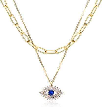 Layered Heart Necklace Pendant Handmade 18K Gold Plated Dainty Gold Choker Arrow Bar Layering Long Necklace for Women Layer Blue Eyes