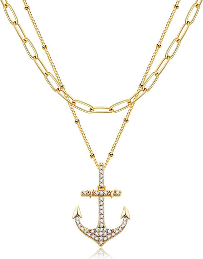 Layered Heart Necklace Pendant Handmade 18K Gold Plated Dainty Gold Choker Arrow Bar Layering Long Necklace for Women Layer Anchor