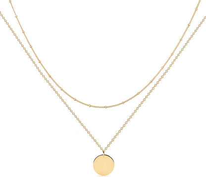 Layered Heart Necklace Pendant Handmade 18K Gold Plated Dainty Gold Choker Arrow Bar Layering Long Necklace for Women Layer disc-GD