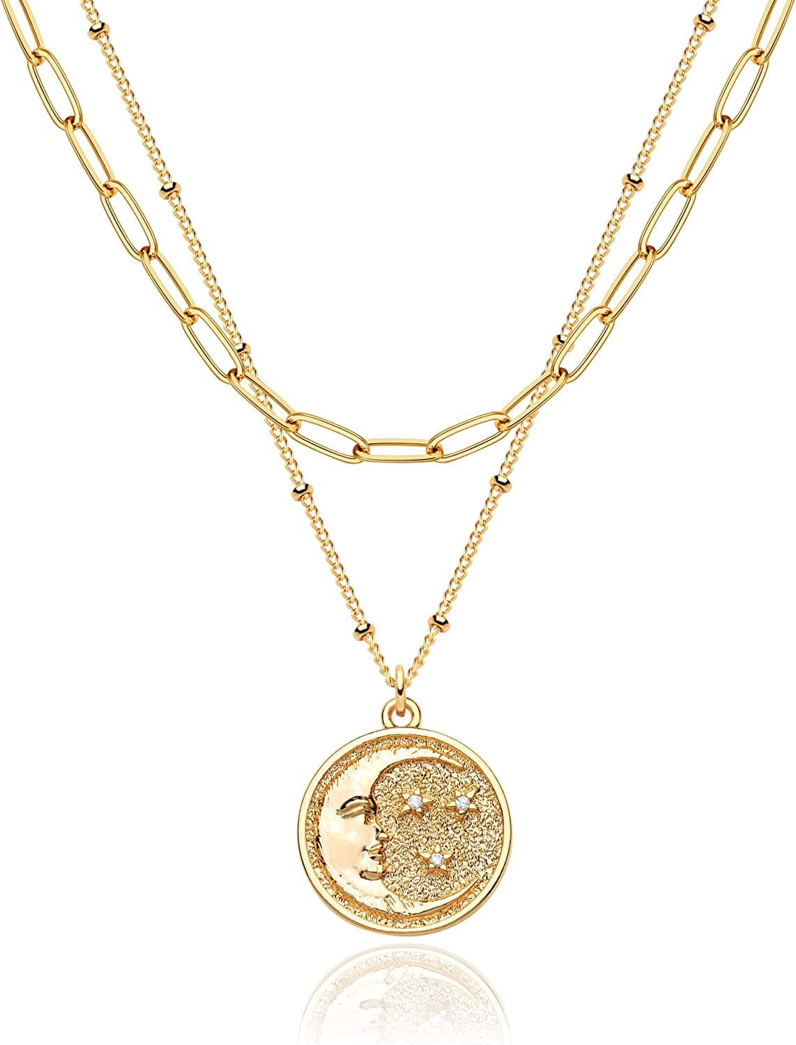 Layered Heart Necklace Pendant Handmade 18K Gold Plated Dainty Gold Choker Arrow Bar Layering Long Necklace for Women Layer Cresent Moon