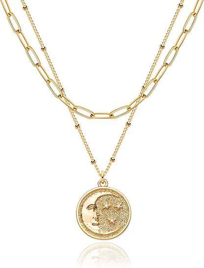 Layered Heart Necklace Pendant Handmade 18K Gold Plated Dainty Gold Choker Arrow Bar Layering Long Necklace for Women Layer Cresent Moon
