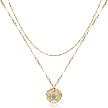 Layered Heart Necklace Pendant Handmade 18K Gold Plated Dainty Gold Choker Arrow Bar Layering Long Necklace for Women Layer disc evil eye