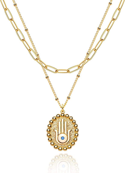 Layered Heart Necklace Pendant Handmade 18K Gold Plated Dainty Gold Choker Arrow Bar Layering Long Necklace for Women Layer Oval Hamsa
