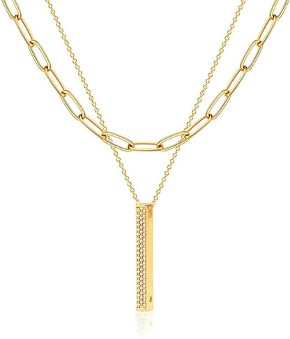 Layered Heart Necklace Pendant Handmade 18K Gold Plated Dainty Gold Choker Arrow Bar Layering Long Necklace for Women Layer Vertical Bar