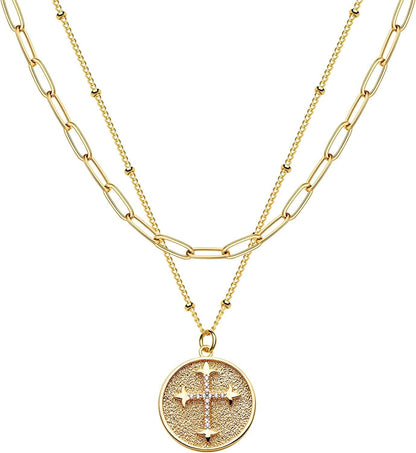 Layered Heart Necklace Pendant Handmade 18K Gold Plated Dainty Gold Choker Arrow Bar Layering Long Necklace for Women Layer Round Cross