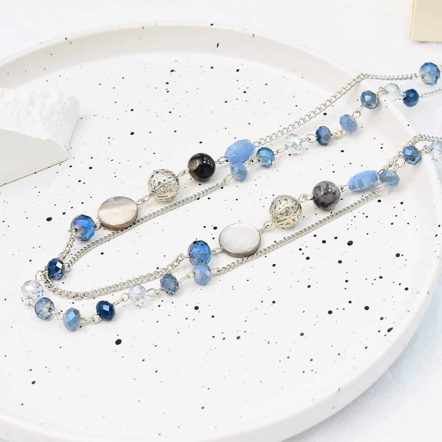 Layered Long Necklaces for Women Crystal Beaded Statement Necklace Sweater Silver Chain with Gifts Box Jewelry