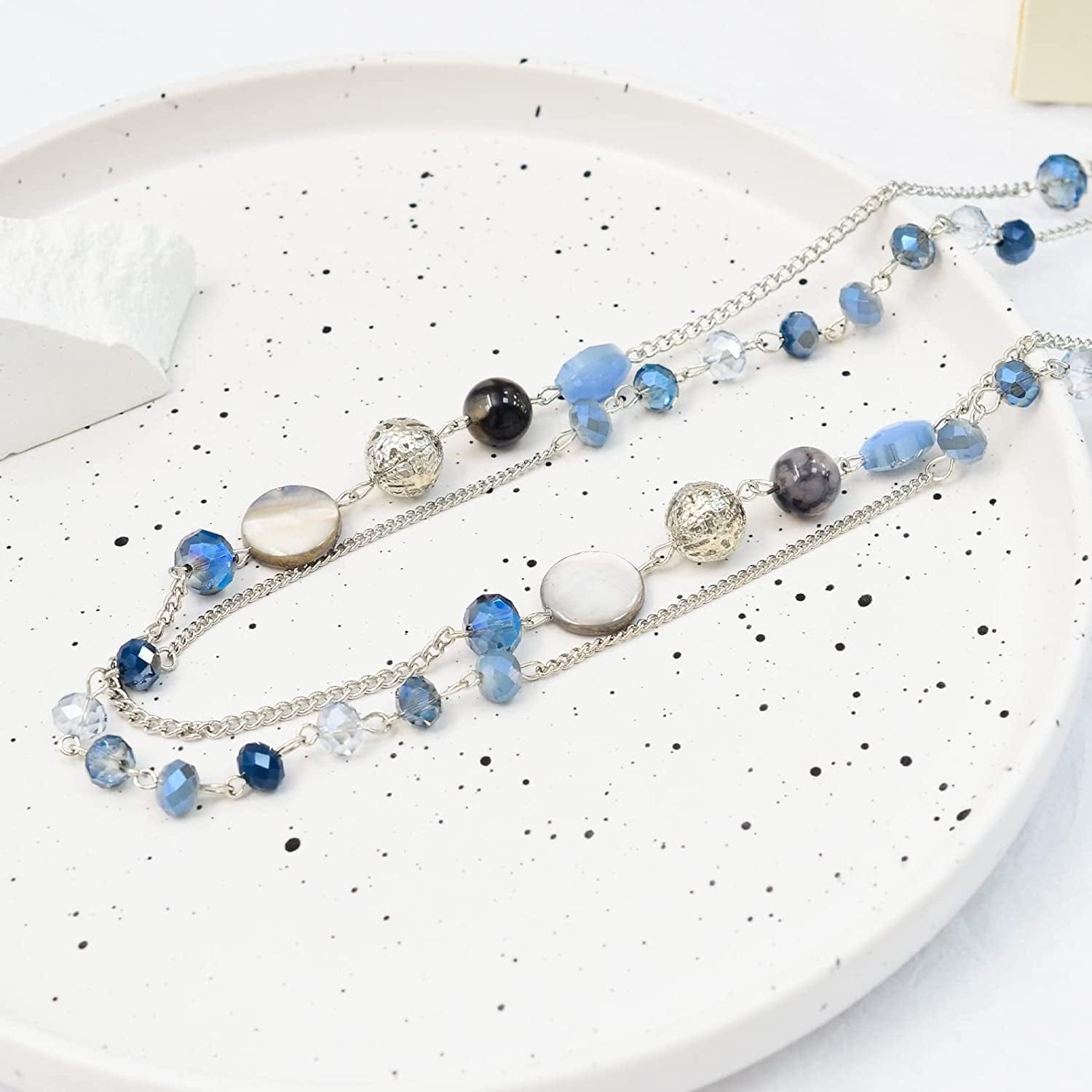 Layered Long Necklaces for Women Crystal Beaded Statement Necklace Sweater Silver Chain with Gifts Box Jewelry