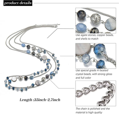 Layered Long Necklaces for Women Crystal Beaded Statement Necklace Sweater Silver Chain with Gifts Box Jewelry