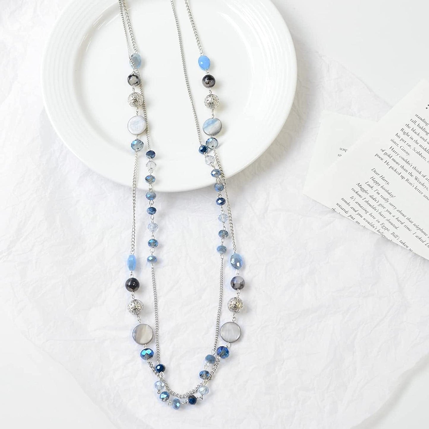 Layered Long Necklaces for Women Crystal Beaded Statement Necklace Sweater Silver Chain with Gifts Box Jewelry