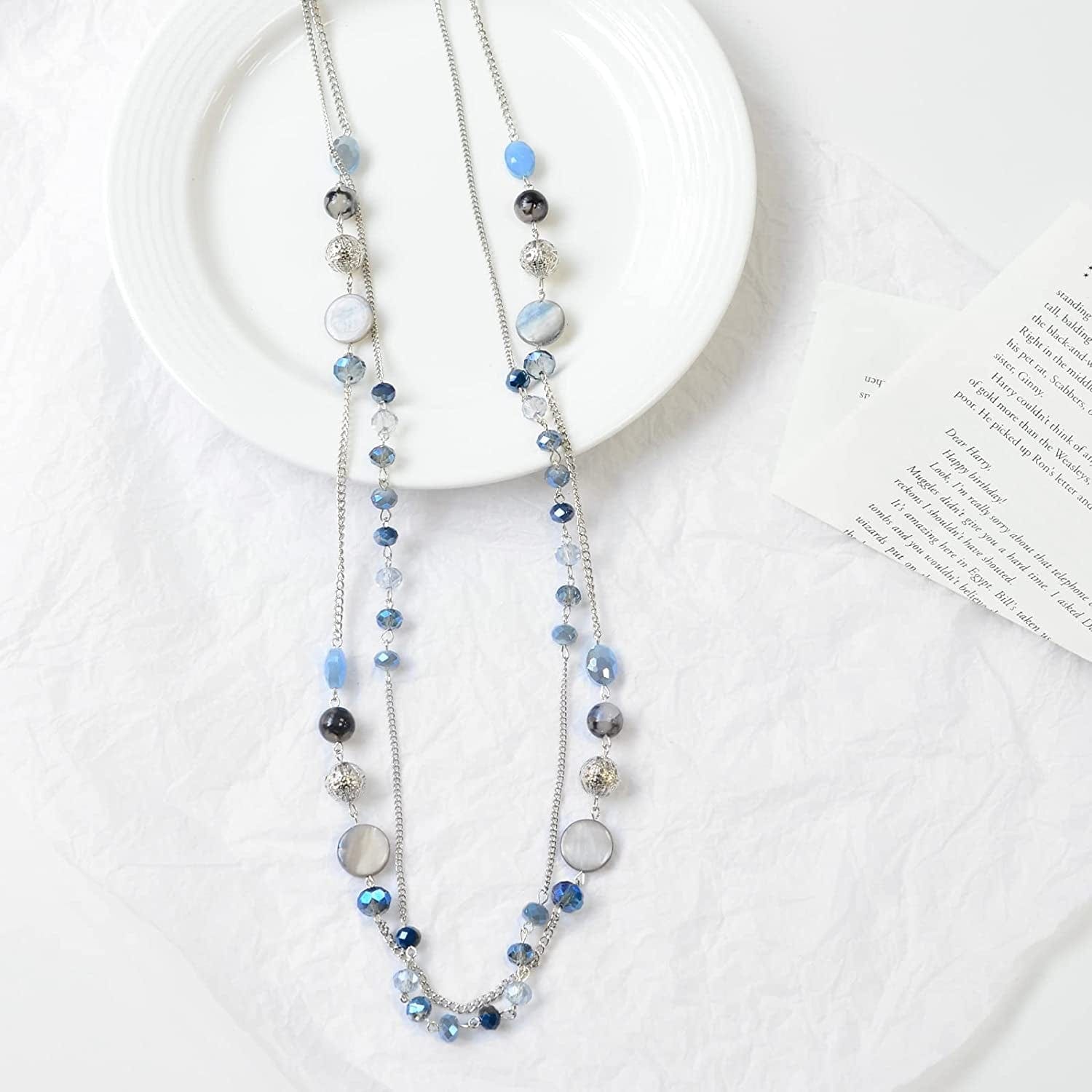 Layered Long Necklaces for Women Crystal Beaded Statement Necklace Sweater Silver Chain with Gifts Box Jewelry