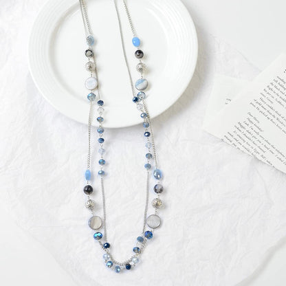 Layered Long Necklaces for Women Crystal Beaded Statement Necklace Sweater Silver Chain with Gifts Box Jewelry