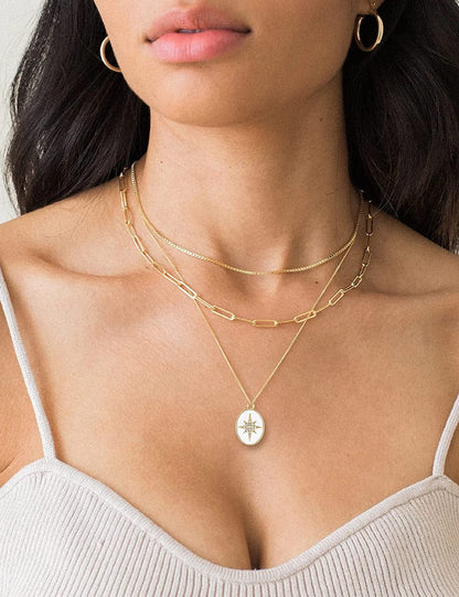 Layered Necklace for Women 14K Gold Plated Paperclip Chain Necklace Layered Pendant Necklaces Gold
