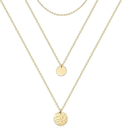 Layered Necklaces for Women - 14K Dainty Gold Plated Layering Chokers Necklaces Set Multilayer Delicate Necklace Trendy Adjustable Long Layered Necklaces for Women A 3 Piece Set - Chain+Disc+Hammered Disc / Gold Plated