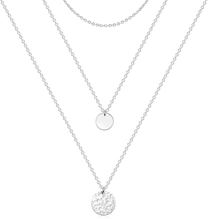 Layered Necklaces for Women - 14K Dainty Gold Plated Layering Chokers Necklaces Set Multilayer Delicate Necklace Trendy Adjustable Long Layered Necklaces for Women A 3 Piece Set - Chain+Disc+Hammered Disc / Silver Plated
