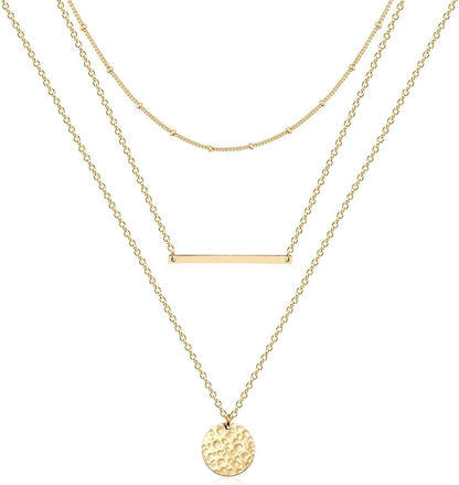 Layered Necklaces for Women - 14K Dainty Gold Plated Layering Chokers Necklaces Set Multilayer Delicate Necklace Trendy Adjustable Long Layered Necklaces for Women B 3 Piece Set - Chain+Bar+Hammered Disc / Gold Plated