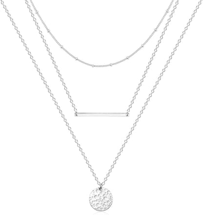 Layered Necklaces for Women - 14K Dainty Gold Plated Layering Chokers Necklaces Set Multilayer Delicate Necklace Trendy Adjustable Long Layered Necklaces for Women B 3 Piece Set - Chain+Bar+Hammered Disc / Silver Plated