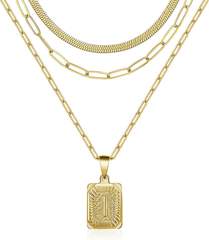 Layered Necklaces for Women Dainty Paperclip Snake Choker Chain Necklaces Letter Initial Pendant Chains Gold Layered Necklace for Women I