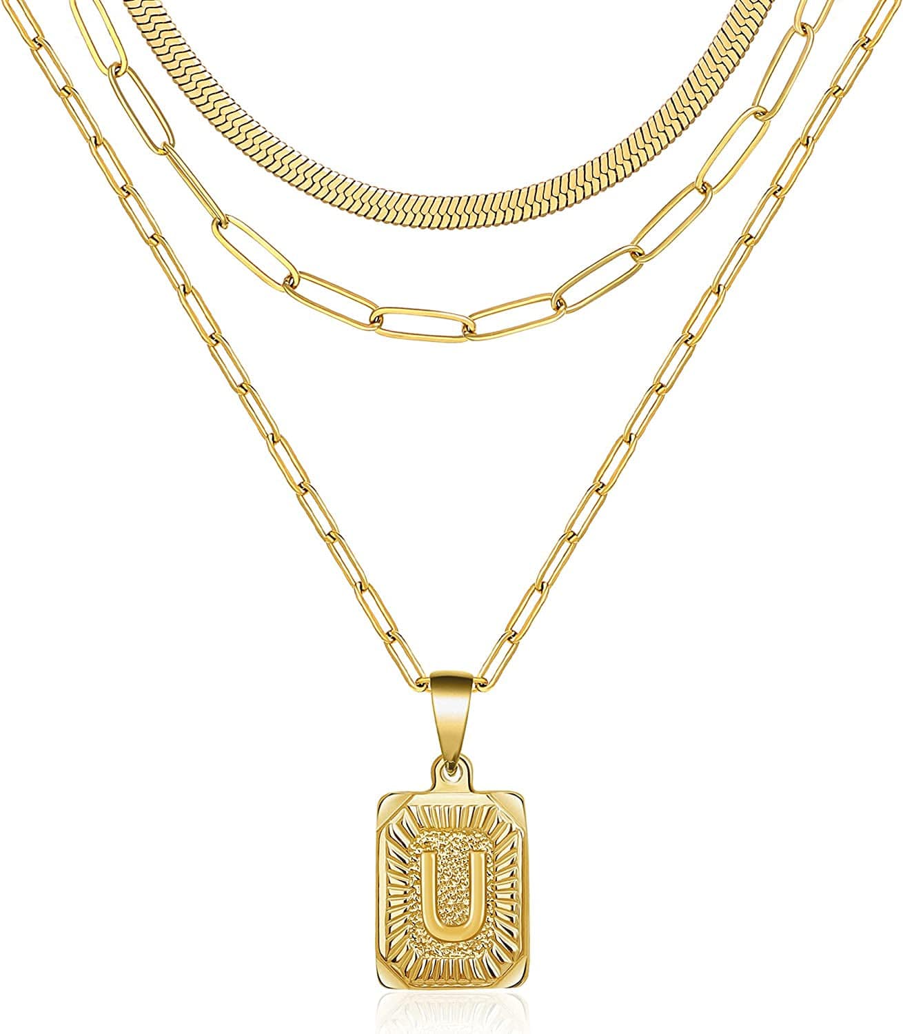 Layered Necklaces for Women Dainty Paperclip Snake Choker Chain Necklaces Letter Initial Pendant Chains Gold Layered Necklace for Women U