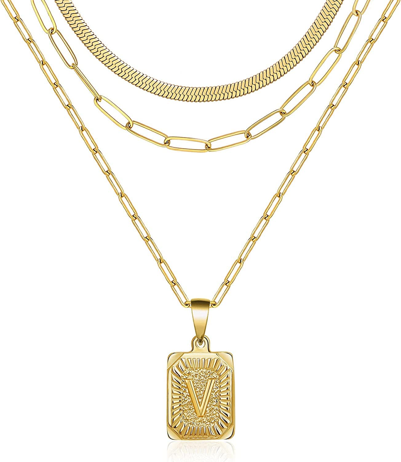 Layered Necklaces for Women Dainty Paperclip Snake Choker Chain Necklaces Letter Initial Pendant Chains Gold Layered Necklace for Women V
