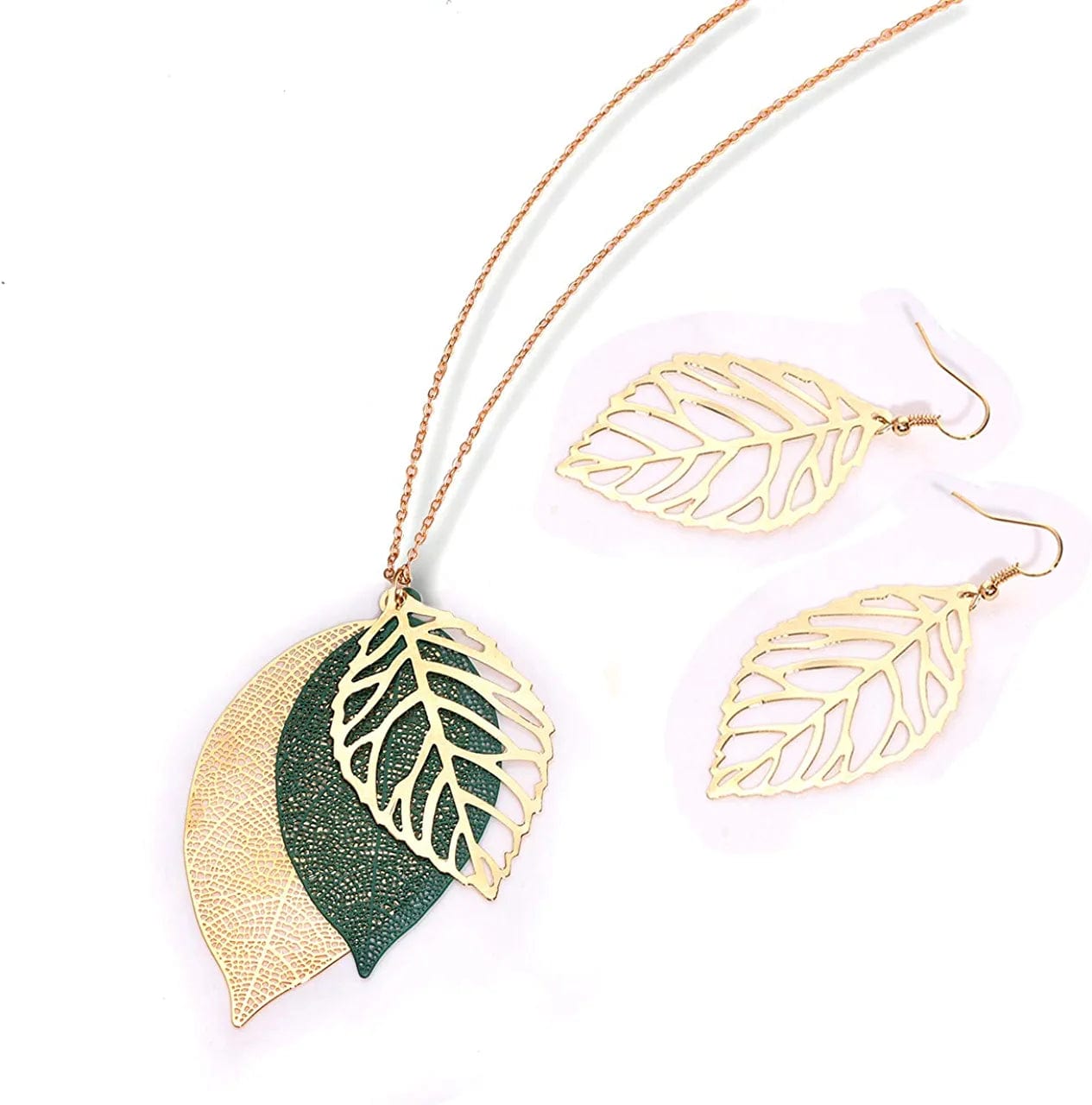 Leaf Earrings and Long Necklaces Set for Women Boho Gold-Tone Multi Tiered Leaves Delicate Chain Dangle Necklace Simpleleaf Statement Dangling Earrings B Gold & Green