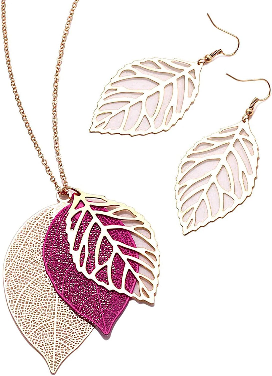 Leaf Earrings and Long Necklaces Set for Women Boho Gold-Tone Multi Tiered Leaves Delicate Chain Dangle Necklace Simpleleaf Statement Dangling Earrings E Rose Red
