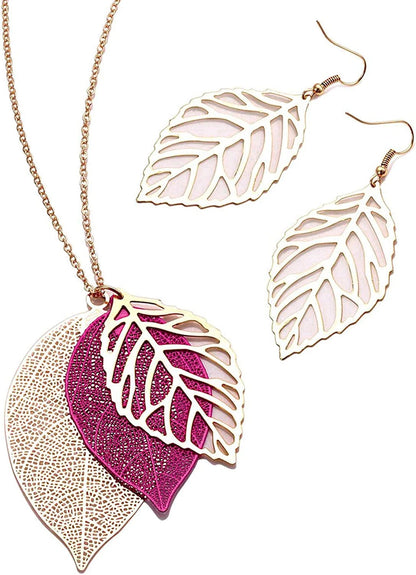 Leaf Earrings and Long Necklaces Set for Women Boho Gold-Tone Multi Tiered Leaves Delicate Chain Dangle Necklace Simpleleaf Statement Dangling Earrings E Rose Red