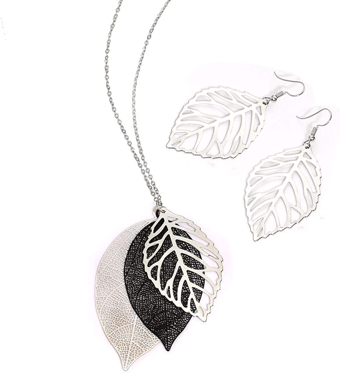Leaf Earrings and Long Necklaces Set for Women Boho Gold-Tone Multi Tiered Leaves Delicate Chain Dangle Necklace Simpleleaf Statement Dangling Earrings C Silver & Black