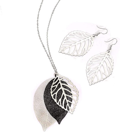 Leaf Earrings and Long Necklaces Set for Women Boho Gold-Tone Multi Tiered Leaves Delicate Chain Dangle Necklace Simpleleaf Statement Dangling Earrings C Silver & Black