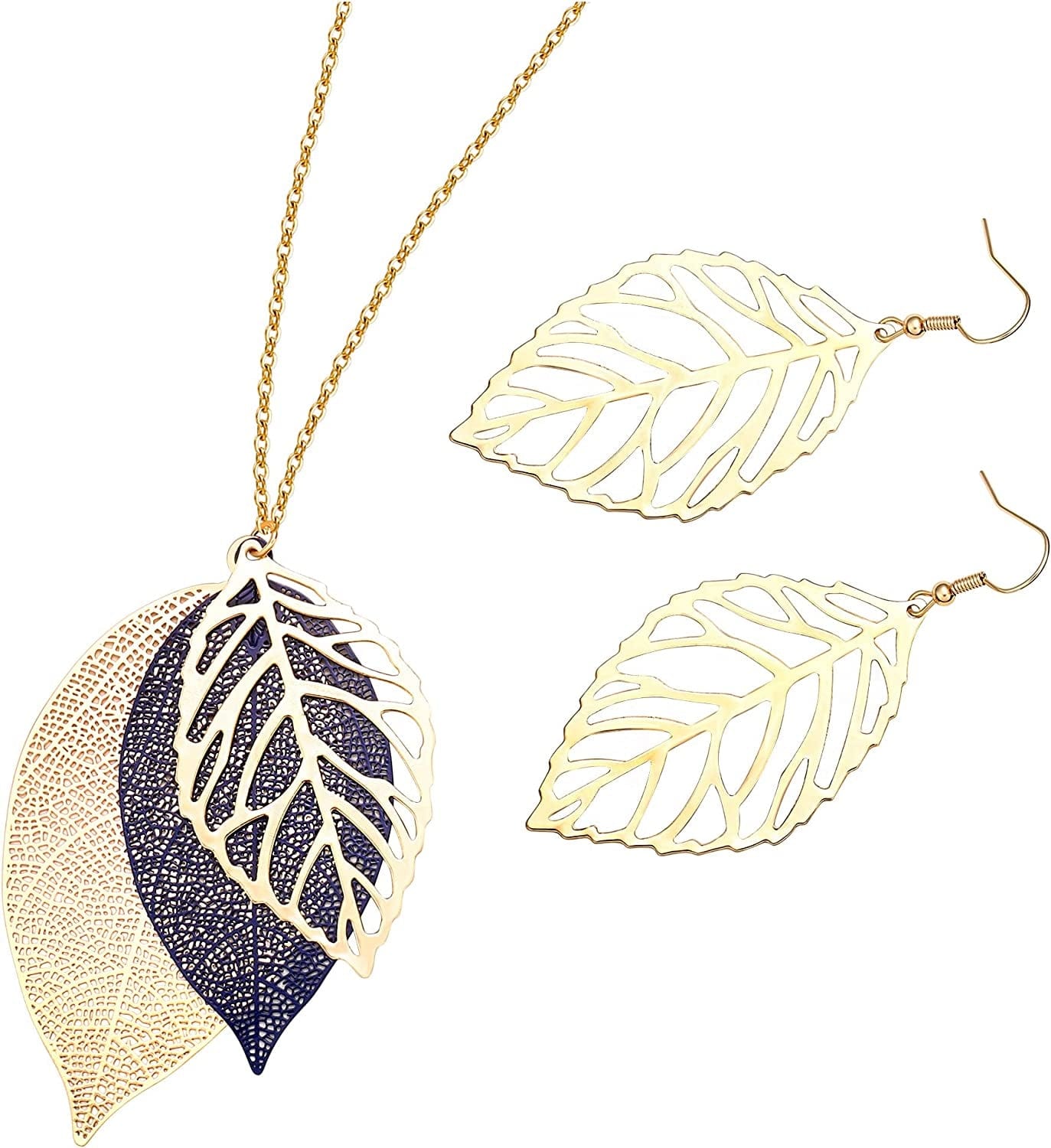 Leaf Earrings and Long Necklaces Set for Women Boho Gold-Tone Multi Tiered Leaves Delicate Chain Dangle Necklace Simpleleaf Statement Dangling Earrings F Navy Blue