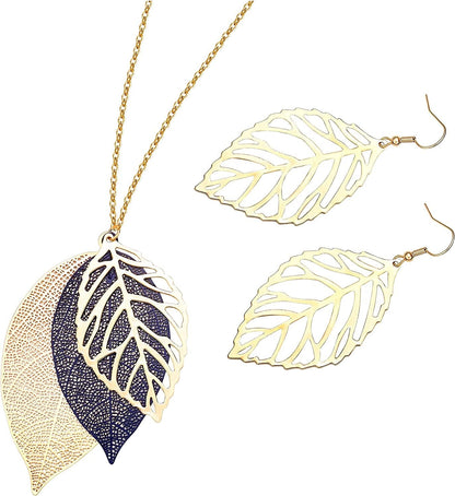 Leaf Earrings and Long Necklaces Set for Women Boho Gold-Tone Multi Tiered Leaves Delicate Chain Dangle Necklace Simpleleaf Statement Dangling Earrings F Navy Blue