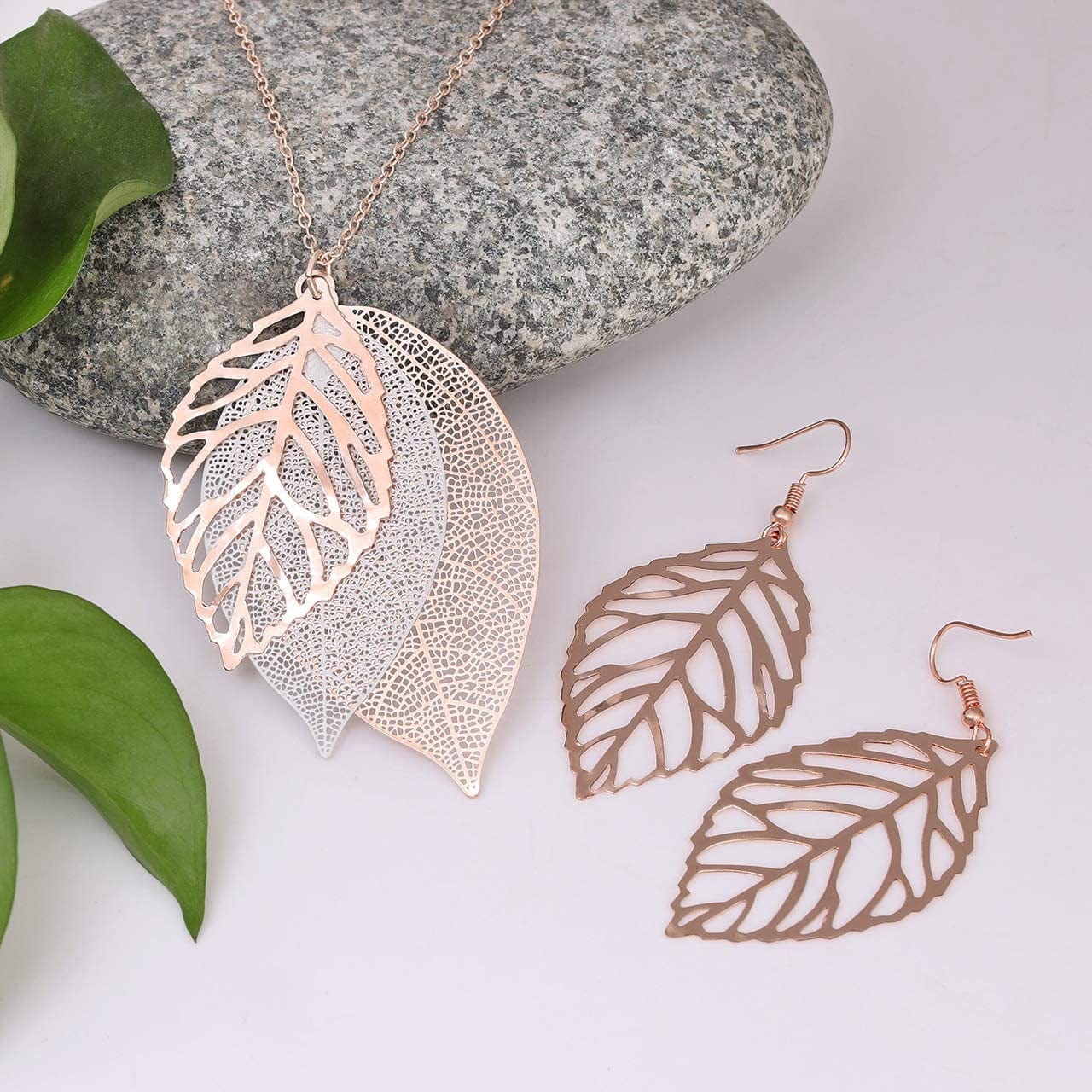 Leaf Earrings and Long Necklaces Set for Women Boho Gold-Tone Multi Tiered Leaves Delicate Chain Dangle Necklace Simpleleaf Statement Dangling Earrings