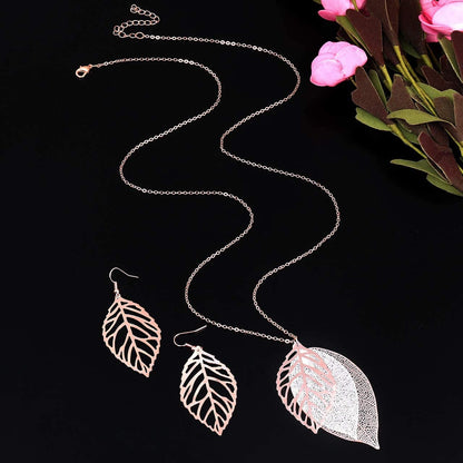 Leaf Earrings and Long Necklaces Set for Women Boho Gold-Tone Multi Tiered Leaves Delicate Chain Dangle Necklace Simpleleaf Statement Dangling Earrings