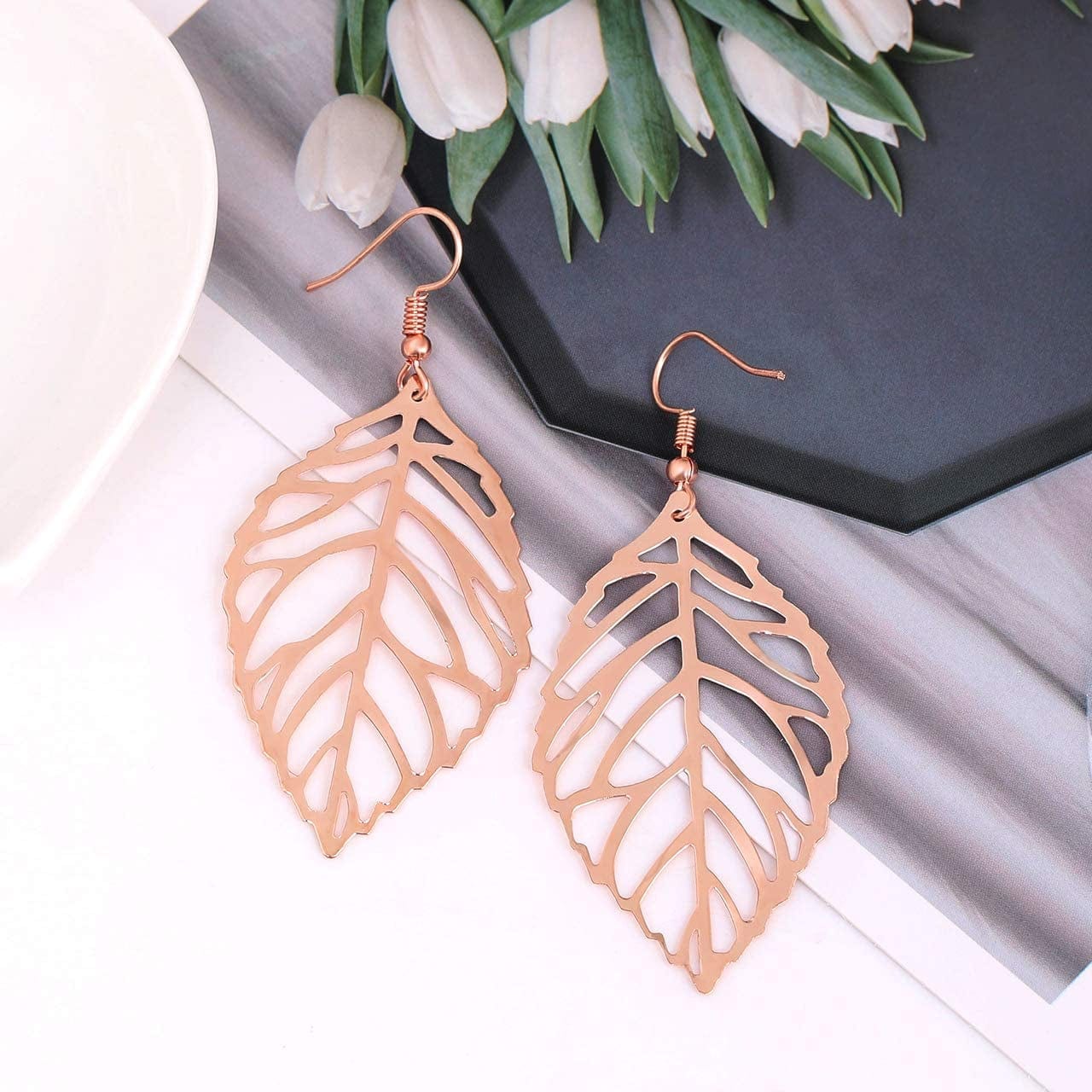 Leaf Earrings and Long Necklaces Set for Women Boho Gold-Tone Multi Tiered Leaves Delicate Chain Dangle Necklace Simpleleaf Statement Dangling Earrings