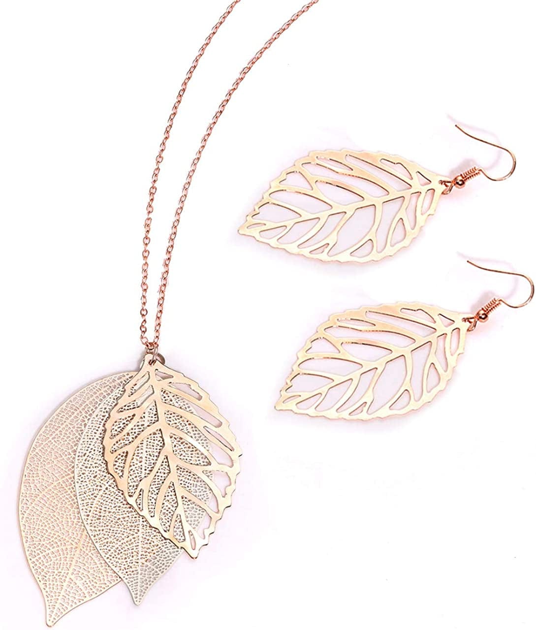Leaf Earrings and Long Necklaces Set for Women Boho Gold-Tone Multi Tiered Leaves Delicate Chain Dangle Necklace Simpleleaf Statement Dangling Earrings A Rose gold & Silver