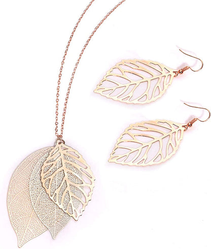 Leaf Earrings and Long Necklaces Set for Women Boho Gold-Tone Multi Tiered Leaves Delicate Chain Dangle Necklace Simpleleaf Statement Dangling Earrings A Rose gold & Silver