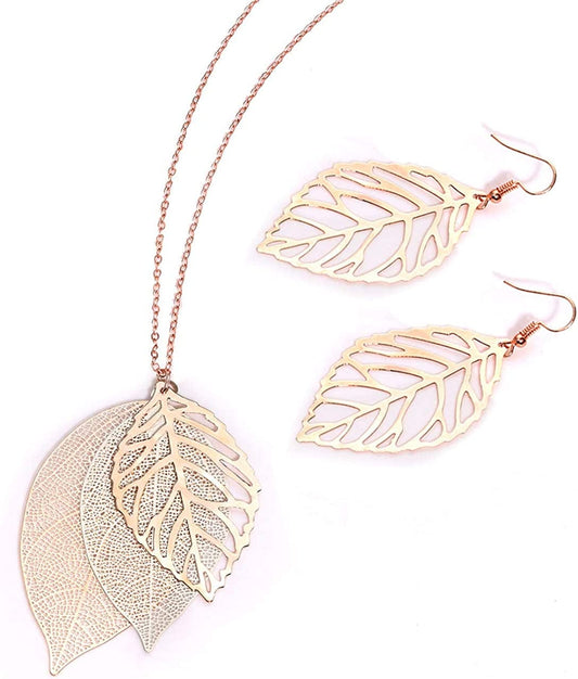 Leaf Earrings and Long Necklaces Set for Women Boho Gold-Tone Multi Tiered Leaves Delicate Chain Dangle Necklace Simpleleaf Statement Dangling Earrings A Rose gold & Silver