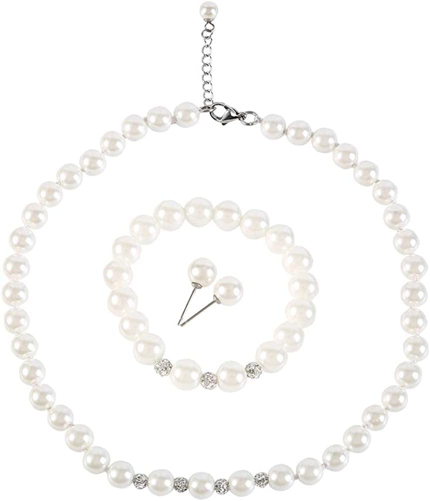 LEILE White 8Mm Glass Pearls Necklace Bracelet Earring Jewelry 3 Set Wholesale for Women Little Girls 18inch
