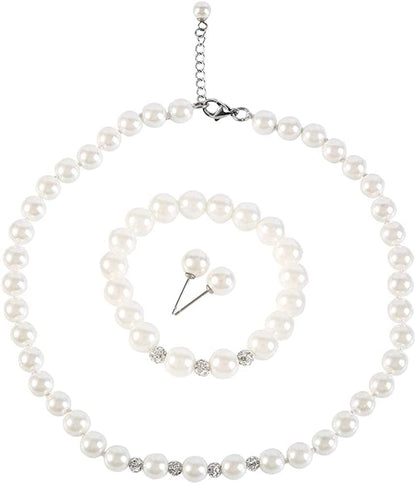 LEILE White 8Mm Glass Pearls Necklace Bracelet Earring Jewelry 3 Set Wholesale for Women Little Girls 18inch