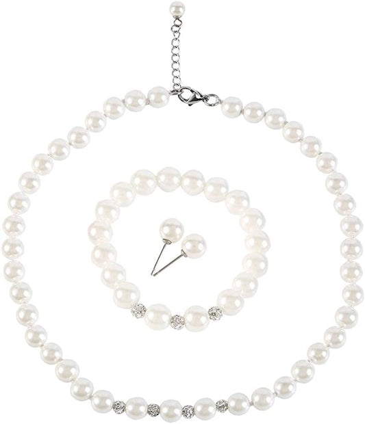 LEILE White 8Mm Glass Pearls Necklace Bracelet Earring Jewelry 3 Set Wholesale for Women Little Girls 18inch
