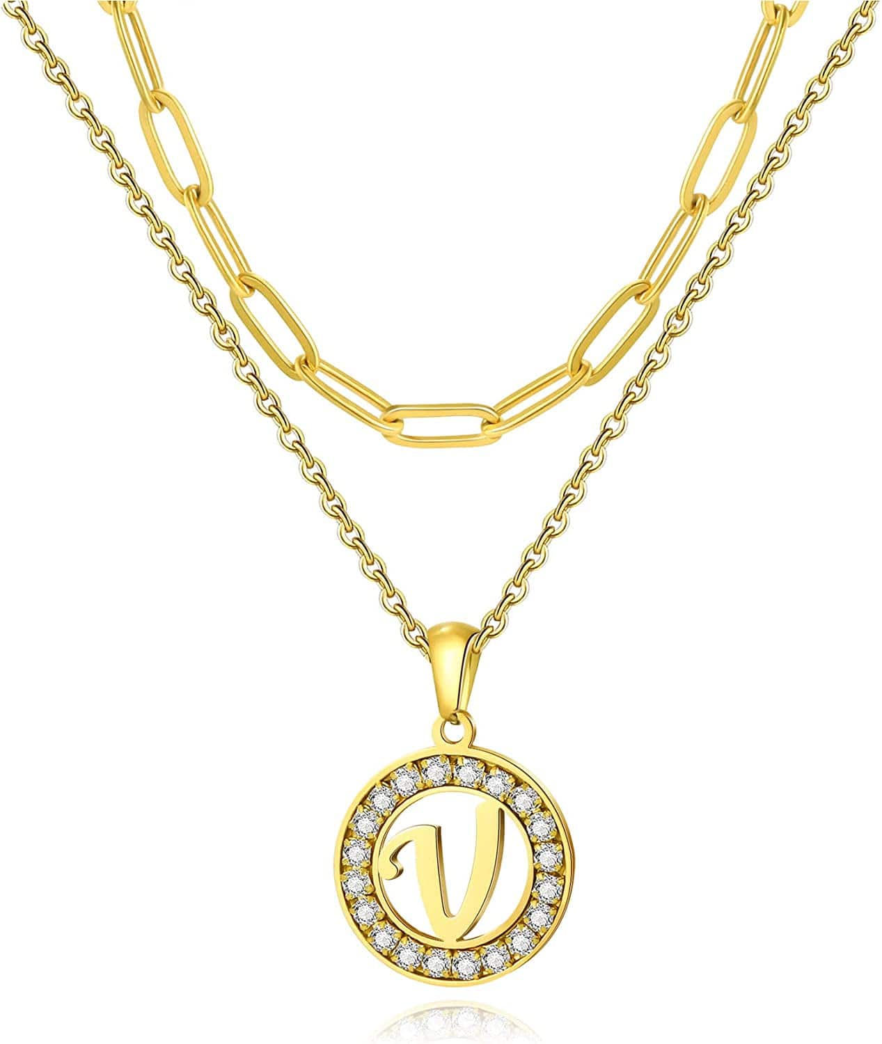 Letter Pendant Necklace Initial A-Z Layered Adjustable Choker Necklaces Personalized Paperclip Chain Necklace 18K Gold Plated Clavicle Chain for Women gold V