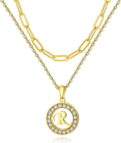 Letter Pendant Necklace Initial A-Z Layered Adjustable Choker Necklaces Personalized Paperclip Chain Necklace 18K Gold Plated Clavicle Chain for Women gold R