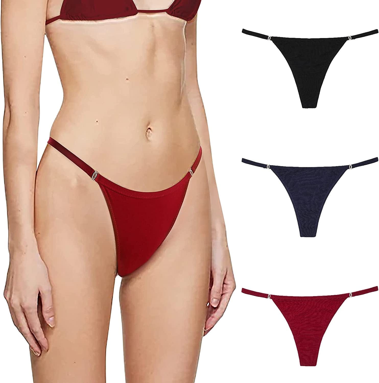 LEVAO Cotton Thongs for Women Sexy Underwear G-String Panties Rhinestone T-Back Bikini Multipack S-XL Black/Red/Navy Blue / Large